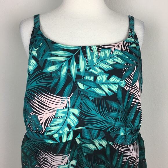 Cacique Green Leaf Print One Piece Mesh Layer Swim 20 - Picture 2 of 7